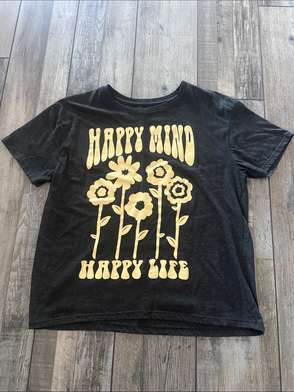Modern Lux Black Tee with Yellow Floral 'Happy Mind Happy Life' Graphic